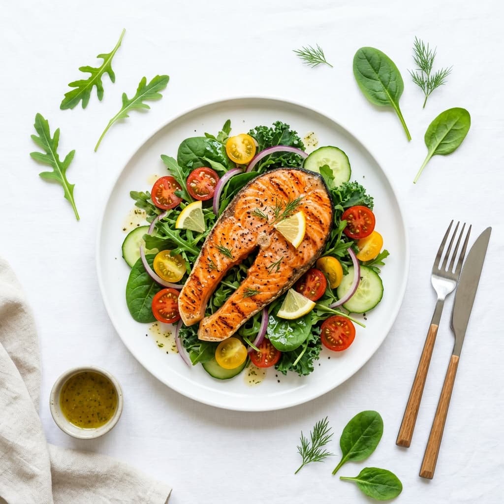 Salmon steak with salad
